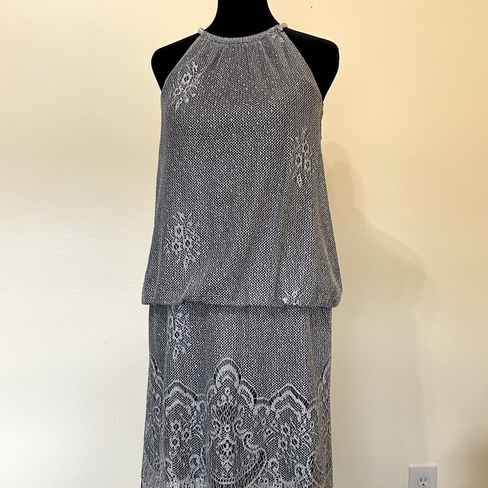 SLNY Elegant Silver Halter Dress with Fringe, Size 10